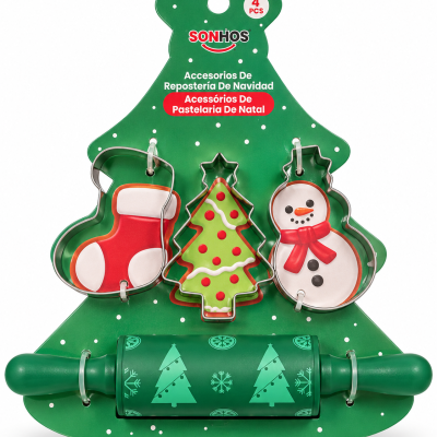 Conjunto de acessórios de pastelaria de Natal SONHOS com cortadores e rolo decorado.