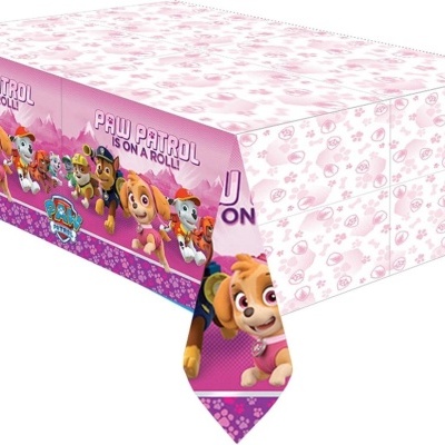 toalha de mesa plástica com personagens da Patrulha Pata em cores rosa e roxo