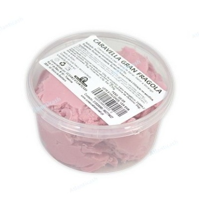 Pote plástico transparente com creme cor-de-rosa e rótulo branco