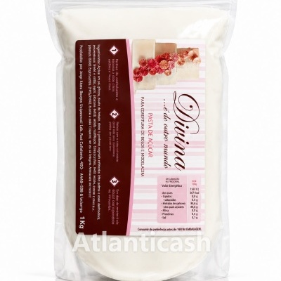 Embalagem de pasta de açúcar branca para bolos com rótulo rosa e branco
