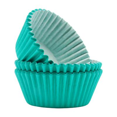 Formas para bolos azuis em papel ondulado empilhadas