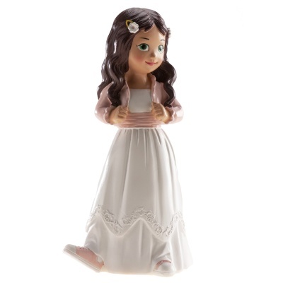 Boneca decorativa com vestido branco e casaco rosa