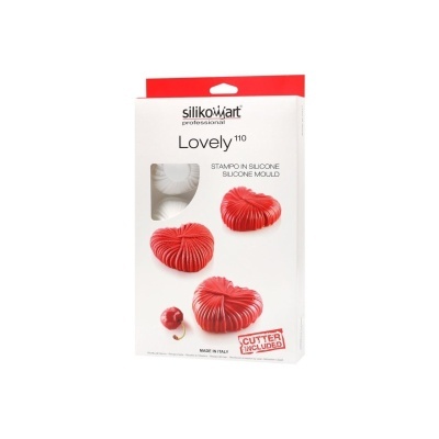 Molde de silicone branco Silikomart Lovely 110 com imagens de bolos vermelhos embalados