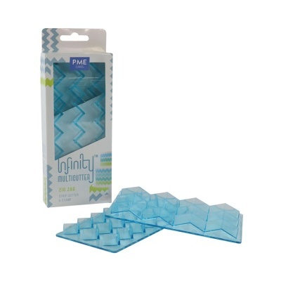 Moldes de plástico azul claro para padrões ziguezague em embalagem branca com texto e padrões coloridos