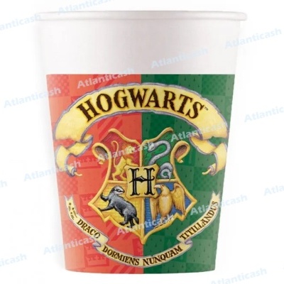 Copo plástico com brasão de Hogwarts em vermelho e verde