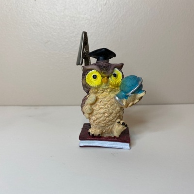 Estatueta de coruja com chapéu de formatura e objeto azul