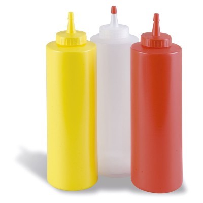 Três frascos de plástico para condimentos, amarelo, branco translúcido e vermelho