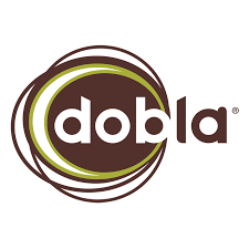 Logotipo com texto 'dobla' em oval castanho com círculos coloridos