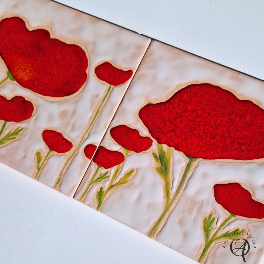 Painel de azulejos Poppy III Azulejos decorativos com flores vermelhas e caules verdes