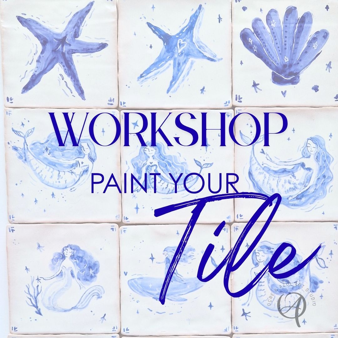 Tile Painting Workshop Azulejos decorativos em cerâmica com pinturas azuis de estrelas-do-mar, conchas e sereias