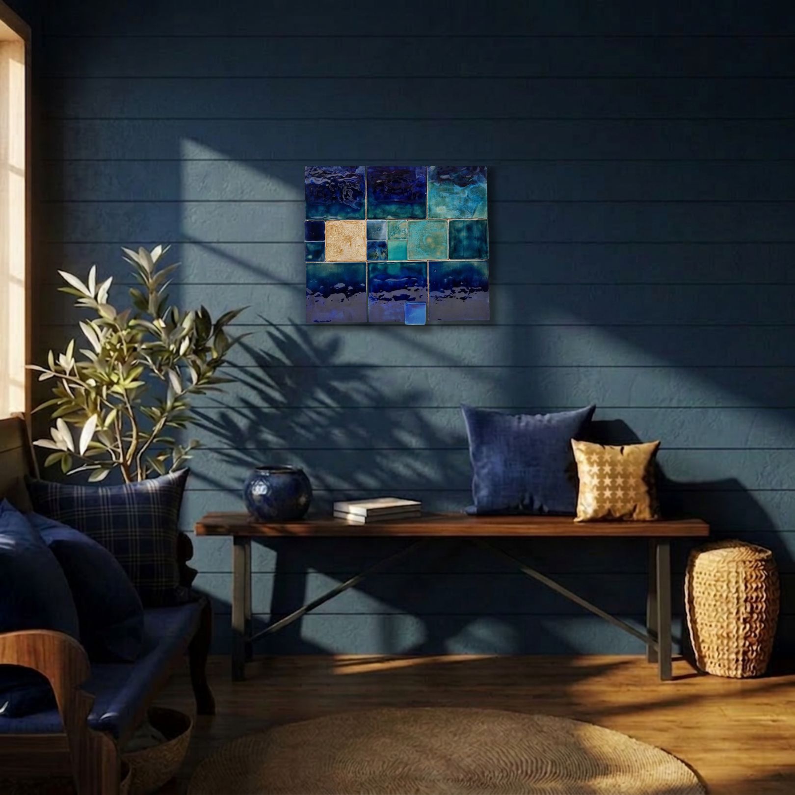 Painel de Azulejo Sinfonia Deep Blue Painel decorativo de azulejos azuis montado numa parede azul escura de madeira.