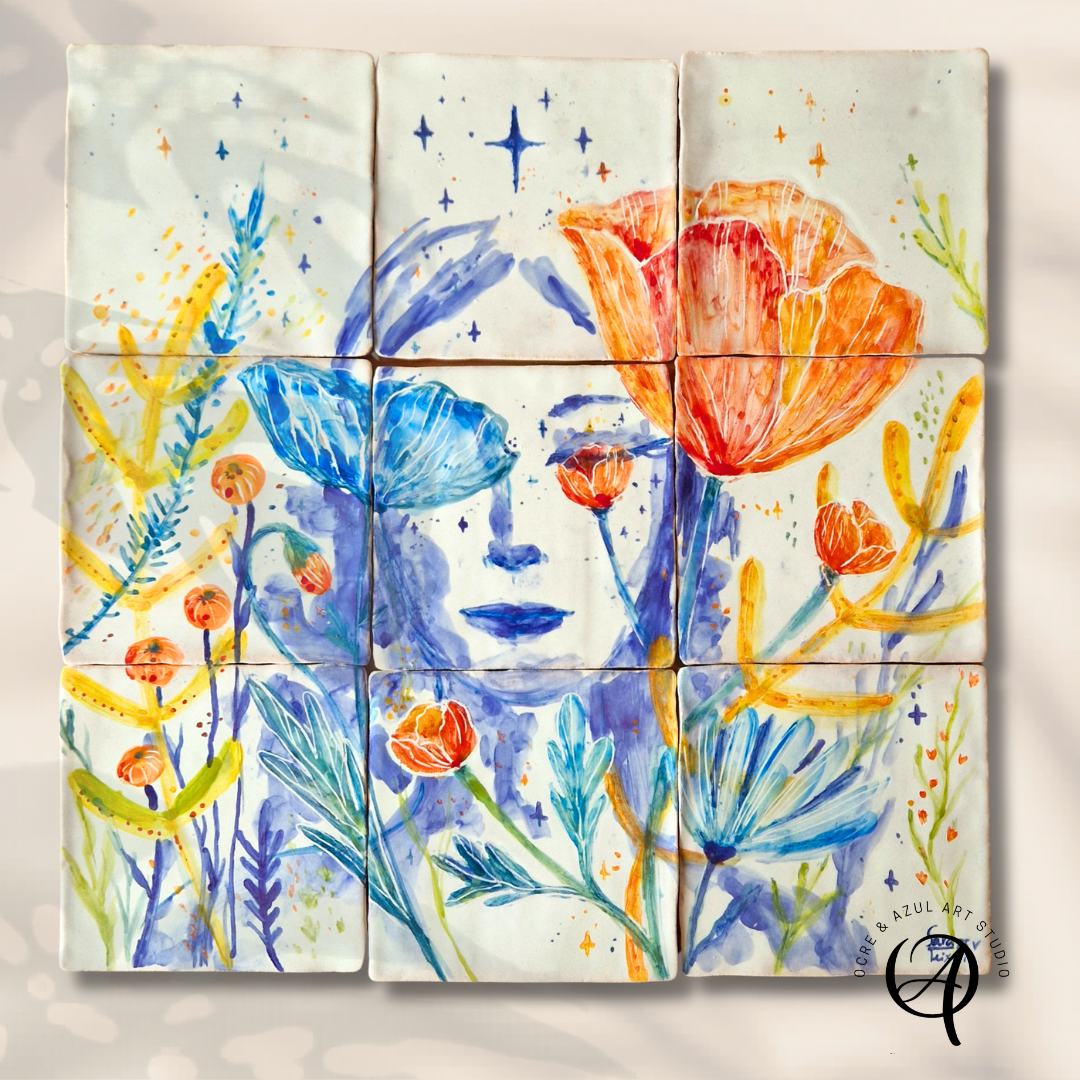 Painel de azulejos Flower Power painel decorativo em azulejos com pintura artística de flores e rosto abstrato
