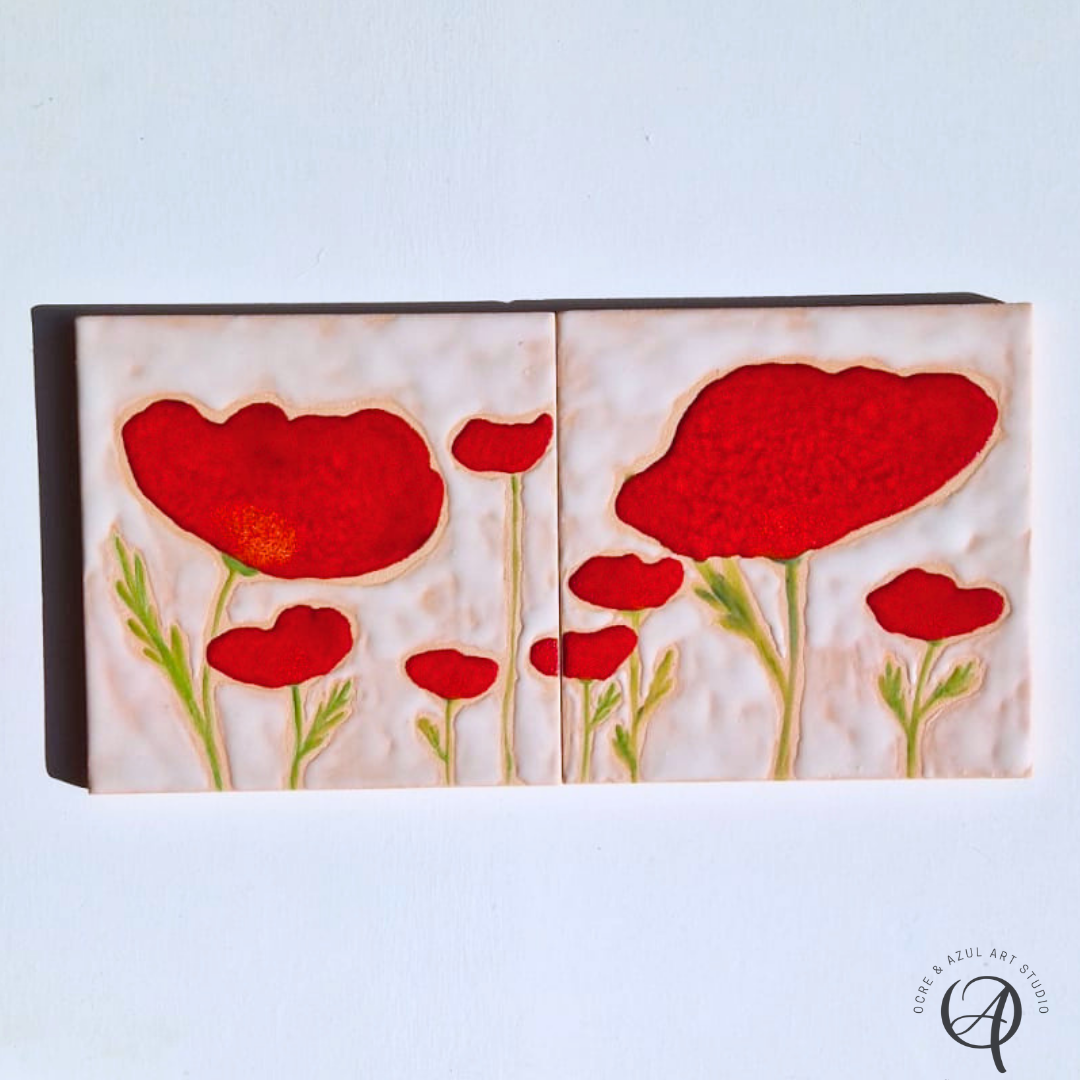 Painel de azulejos Poppy III Azulejos decorativos com flores vermelhas e verdes