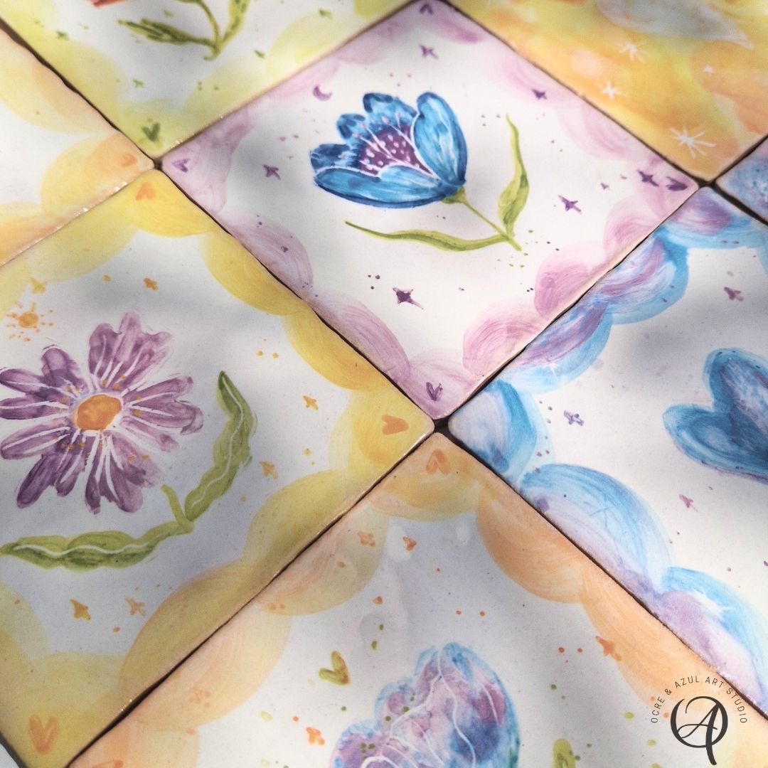 Azulejos Coleção sonho florido Azulejos cerâmicos decorativos pintados à mão com flores coloridas.