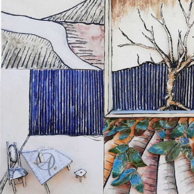 Arte em quatro painéis com desenho de árvore, textura azul, mesa e cadeiras, e padrão abstrato.