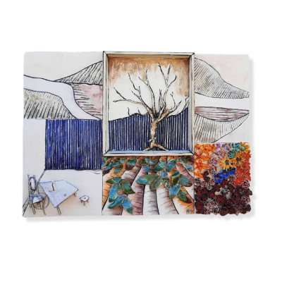 Painel decorativo com árvores, flores coloridas e mesa com cadeiras desenhadas.