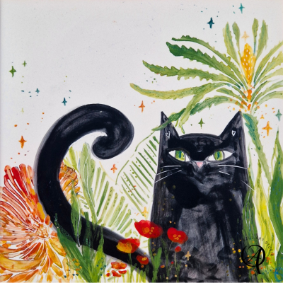 Ilustração de gato preto com flores e plantas coloridas