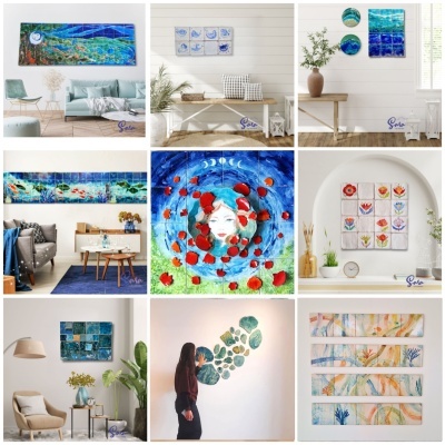Azulejos decorativos artísticos coloridos em paredes interiores modernas