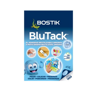 Embalagem azul do adesivo reutilizável Blu Tack da Bostik com instruções e imagens ilustrativas