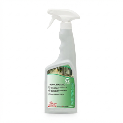Frasco plástico branco com pulverizador e rótulo verde Tropic Higienic