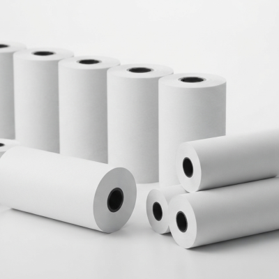 Rolos de papel térmico brancos com núcleo preto