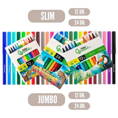 Marcadores de feltro Lider Papel em caixas com ilustrações, várias cores, opções SLIM e JUMBO