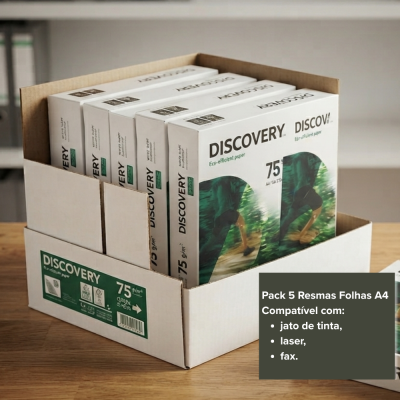 Pack de 5 resmas de papel A4 Discovery em caixa de cartão.