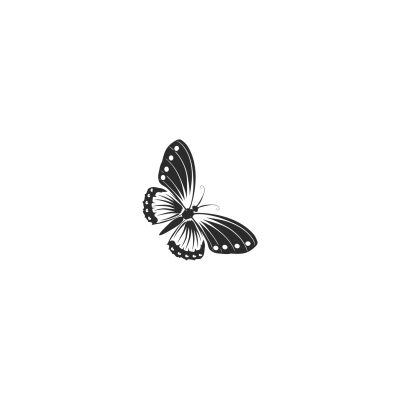 Ilustração em preto e branco de borboleta das asas abertas sobre fundo branco