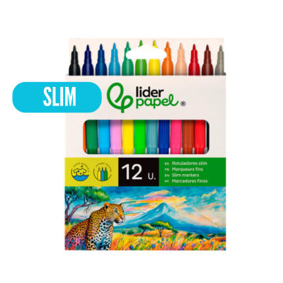 Embalagem de marcadores finos coloridos lider papel com design de leopardo e paisagem