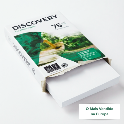 Pacote de papel A4 branco Discovery com elementos verdes e texto promocional.