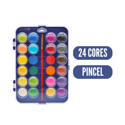 Conjunto de tinta de aguarela com 24 cores e pincel num estojo azul