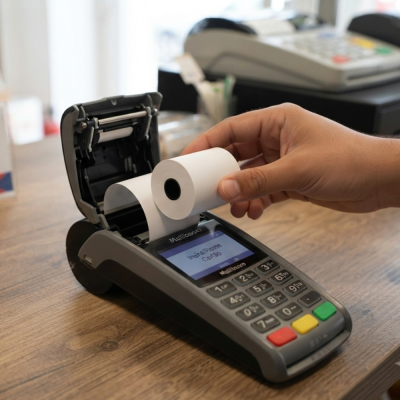 Maquina de pagamento portátil com bobina de papel térmico aberta e mão a inserir papel