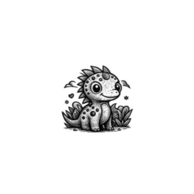 Desenho a preto e branco de um dinossauro sorridente com manchas e espinhos