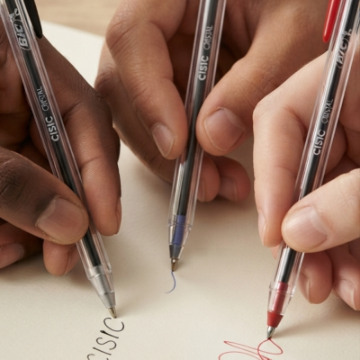 Três canetas BIC Classic Cristal a escrever com tinta preta, azul e vermelha em papel branco.