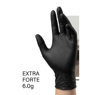 Mão com luva preta extra forte 6.0g em fundo branco