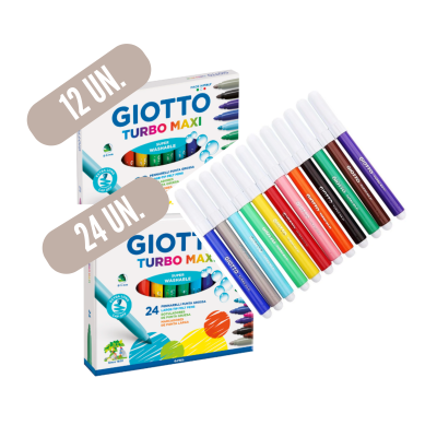 Conjunto de 24 marcadores GIOTTO TURBO MAXI com várias cores em embalagem branca.