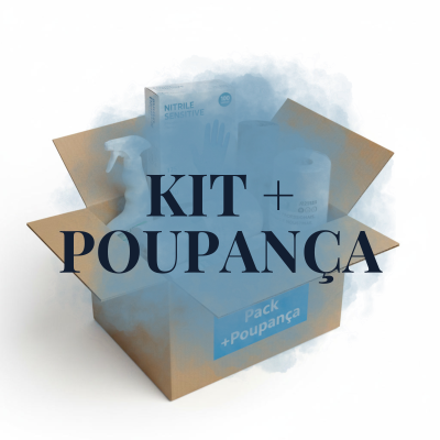 Kit de produtos de limpeza numa caixa de cartão castanha aberta.