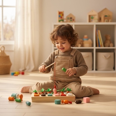 Criança a brincar com brinquedo de madeira colorido em ambiente interior claro