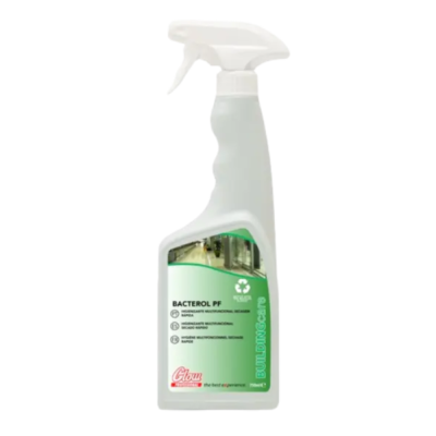Frasco de spray branco com rótulo verde BACTEROL PF de limpeza multifuncional