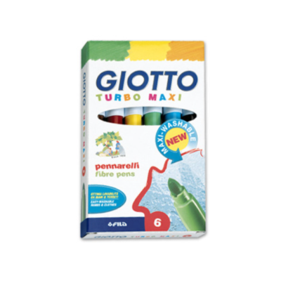 Embalagem de canetas de feltro Giotto Turbo Maxi com 6 unidades e cores visíveis.