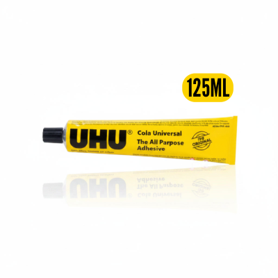 Tubo amarelo de cola UHU universal com tampa preta e texto a dizer 125ML