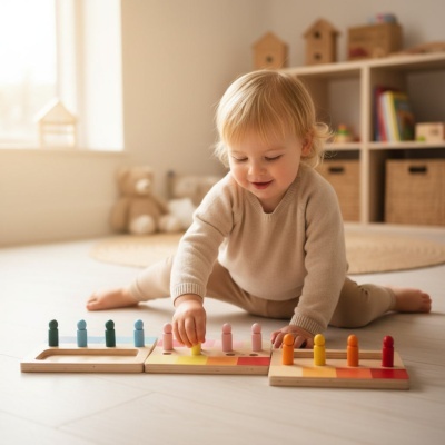 Criança a brincar com brinquedos de madeira coloridos no chão.