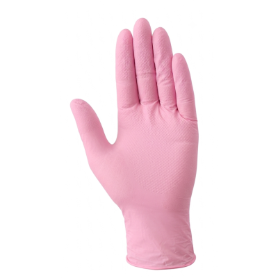 Luva rosa descartável com textura antiderrapante