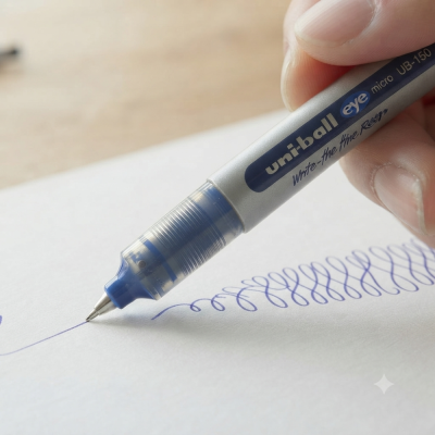 Caneta esferográfica uni-ball azul a desenhar espirais num papel branco