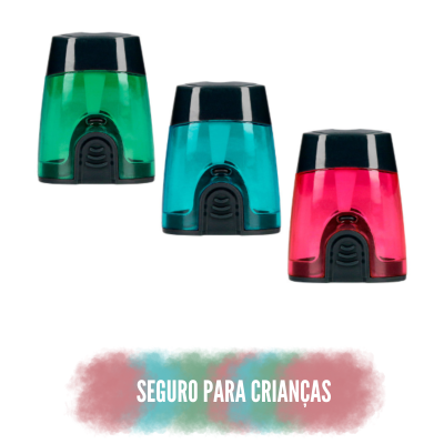 Três apontadores de lápis coloridos com tampas pretas e texto sobre fundo colorido