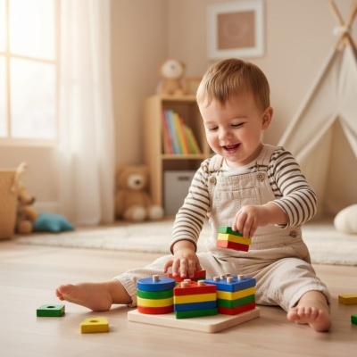 Criança brincando com brinquedo educativo colorido de madeira num quarto iluminado