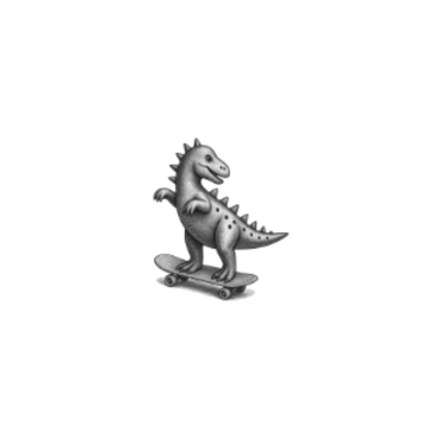 Dinossauro cinzento em skate num fundo branco