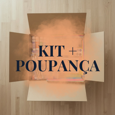 Caixa de cartão aberta com materiais artísticos e texto KIT + POUPANÇA