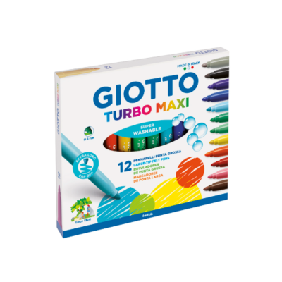 Caixa de marcadores Giotto Turbo Maxi com 12 cores, embalagem branca colorida e texto informativo.