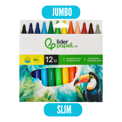 Caixa de marcadores jumbo Lider Papel com 12 cores visíveis e imagem de tucano